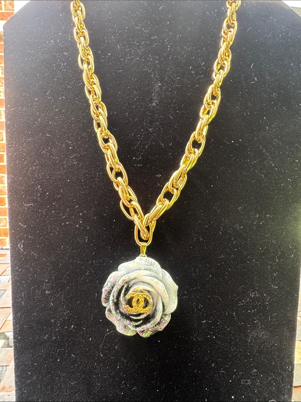 Gold Chain Necklace with Grey Rose Pendant